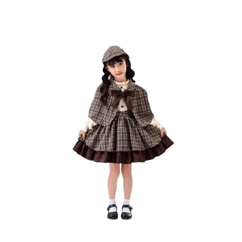 Xm-Robe de Cosplay Lolita pour Fille, Vêtements pour Enfants, Style Institut Britannique, Caseset de Détective, avec Châle