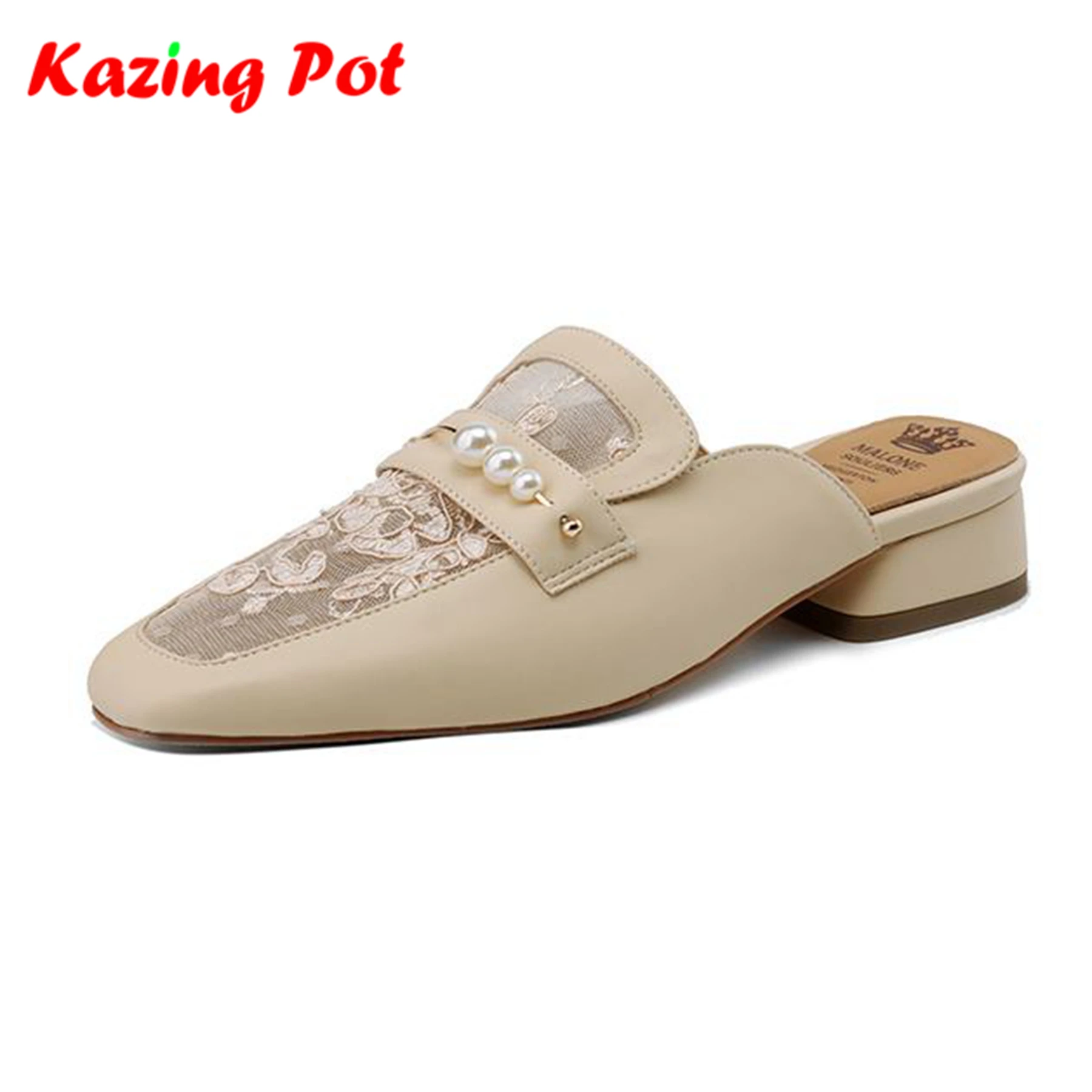 

Krazing Pot 2024 Cow Leather Mules Summer Slip On Square Toe Low Heels Women Embroidery Lace Pearl Fashion Cozy Outside Slippers