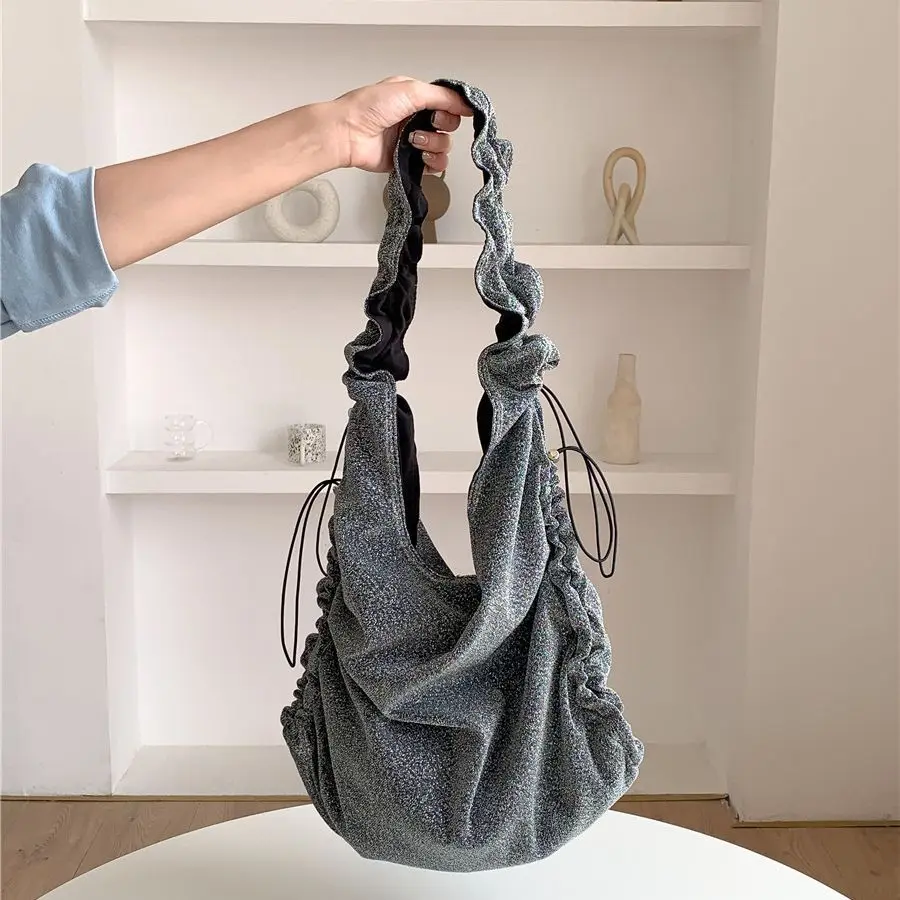 

Women Y2k Silver String Shoulder Bag Korean Fashion Designer Soft Crossbody Bags Large Capacity Lightweight Winter Handbag New