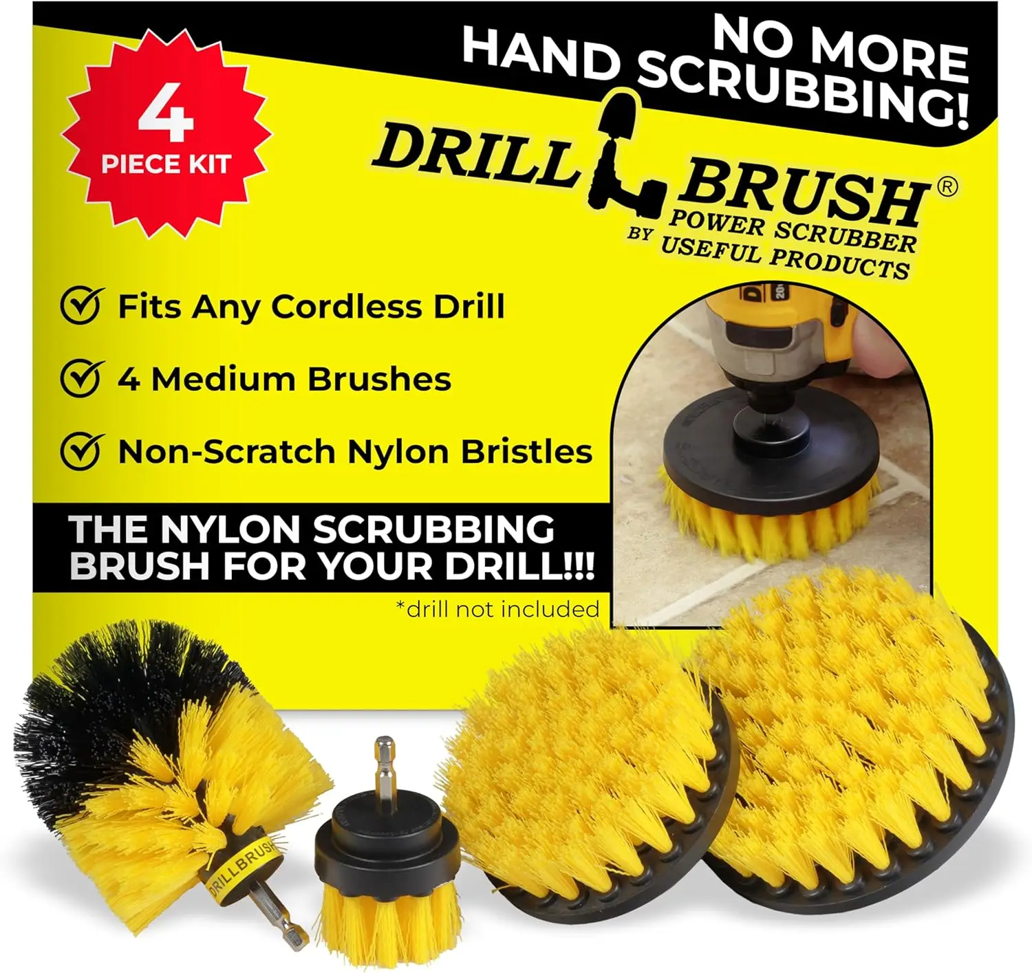 

Nylon Drill Brush Attachment Set for Bathroom Cleaning - Power Scrubber Brush Kit for Bathtub, Shower
