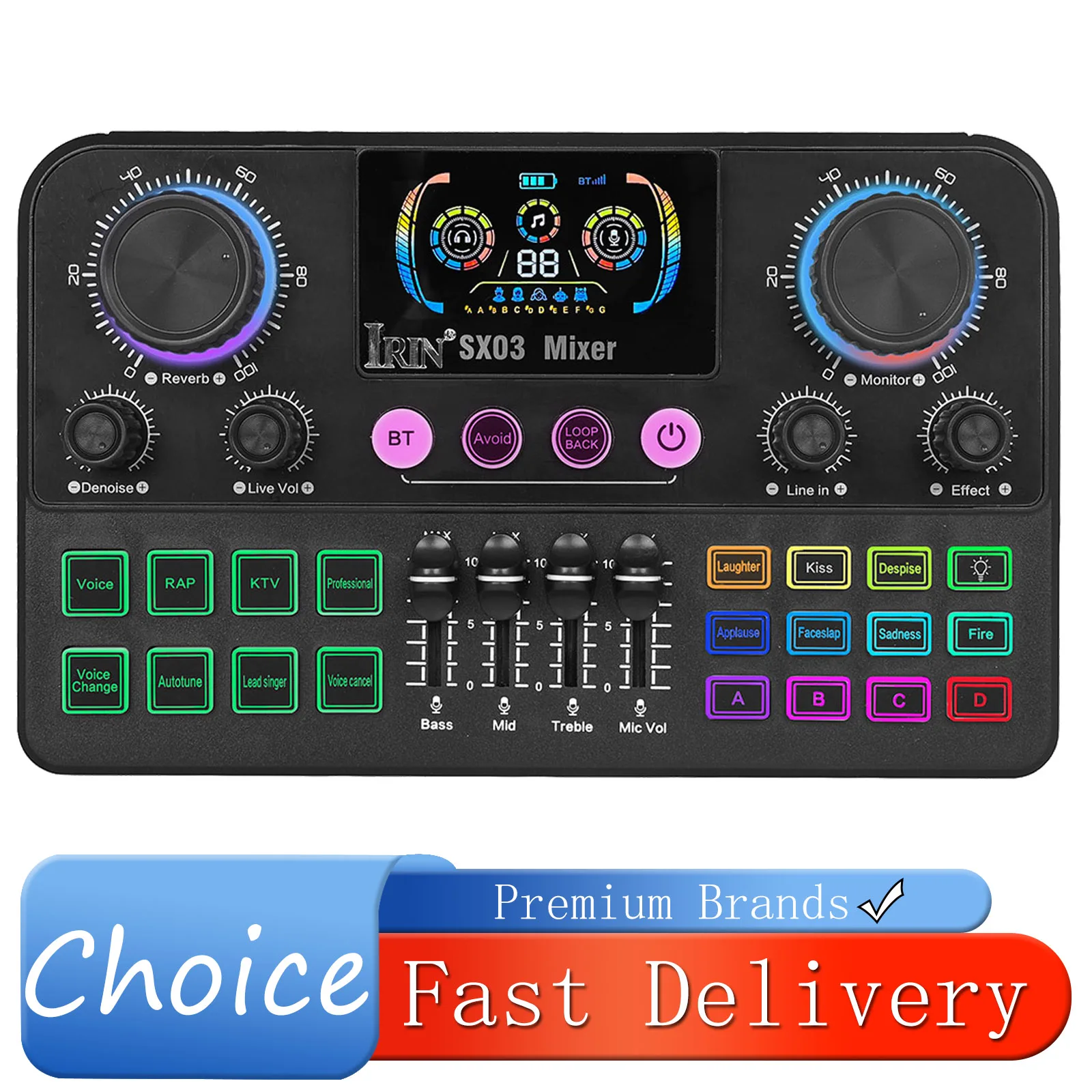 IRIN SX03 Live Sound Card Mixer with XLR Interface Sound Card Colorful Display Bluetooth Voice Changer 48V Phantom Power