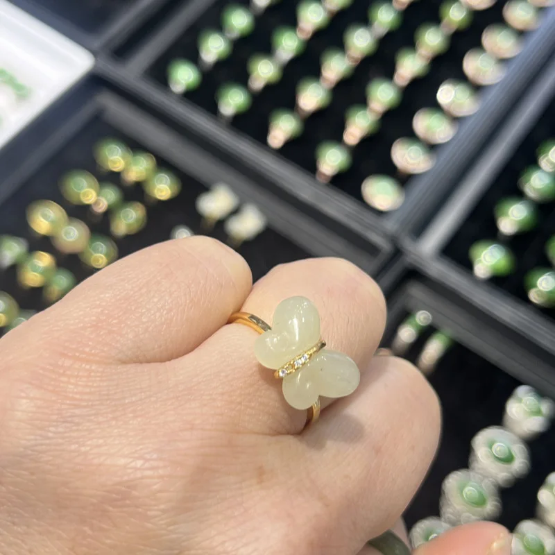 Hetian Jade Qinghai Material 925 Silver Inlaid With Jadeite Ring Women, Girlfriend