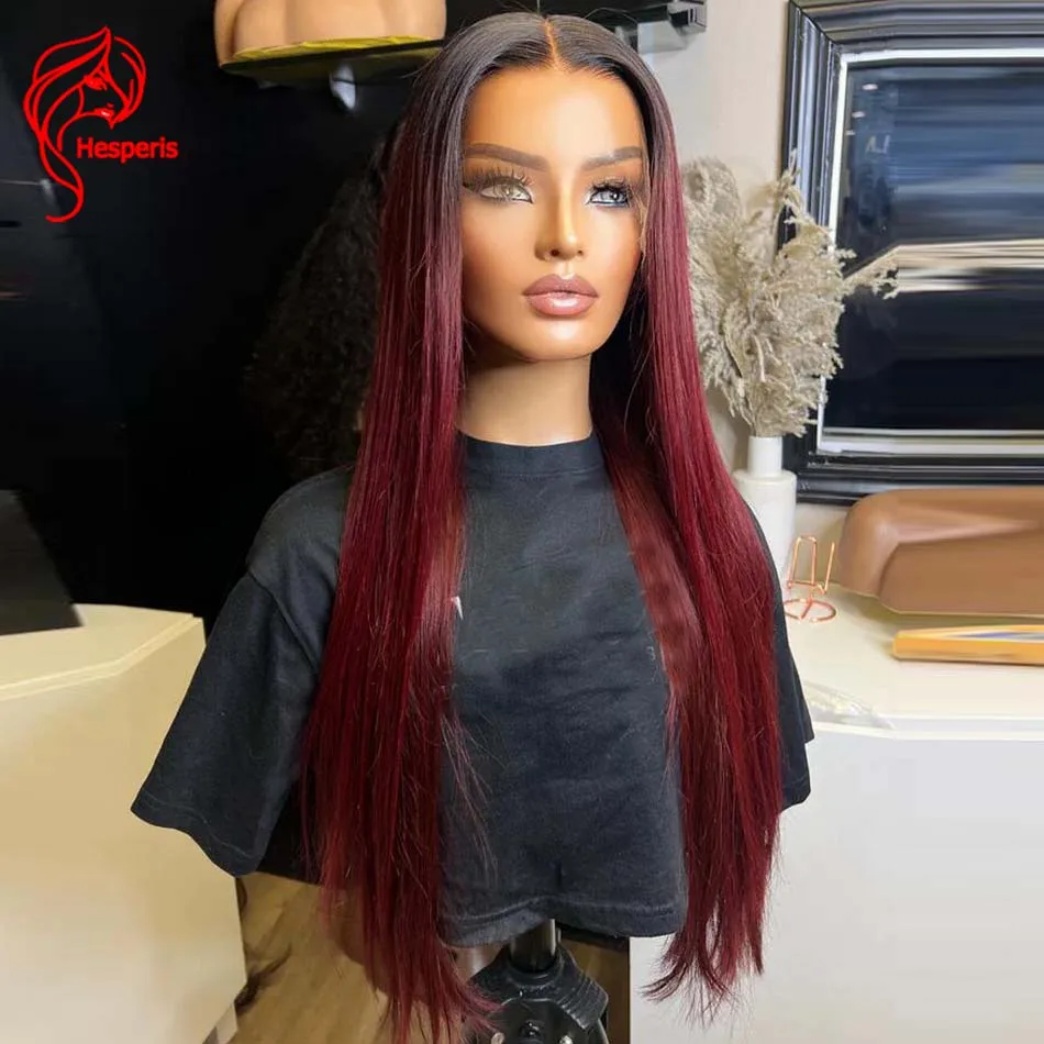 Hesperis 180 Density Silk Straight Ombre Human Hair Wigs Brazilian Remy Deep Part Lace Front Wig Dark Red For Black Women