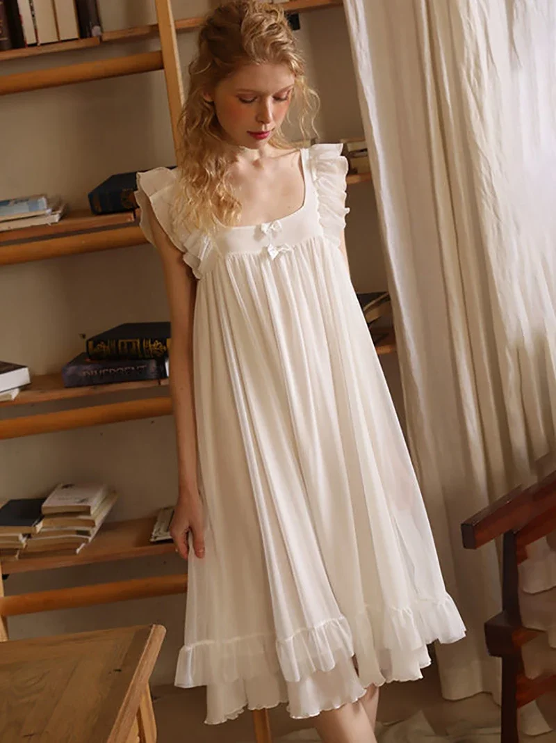 White Retro Bow Victorian Pajamas Nightgowns 2023 Women Summer Ruffles Lace Fairy Vintage Princess Nightdress Lolita Sleepwear