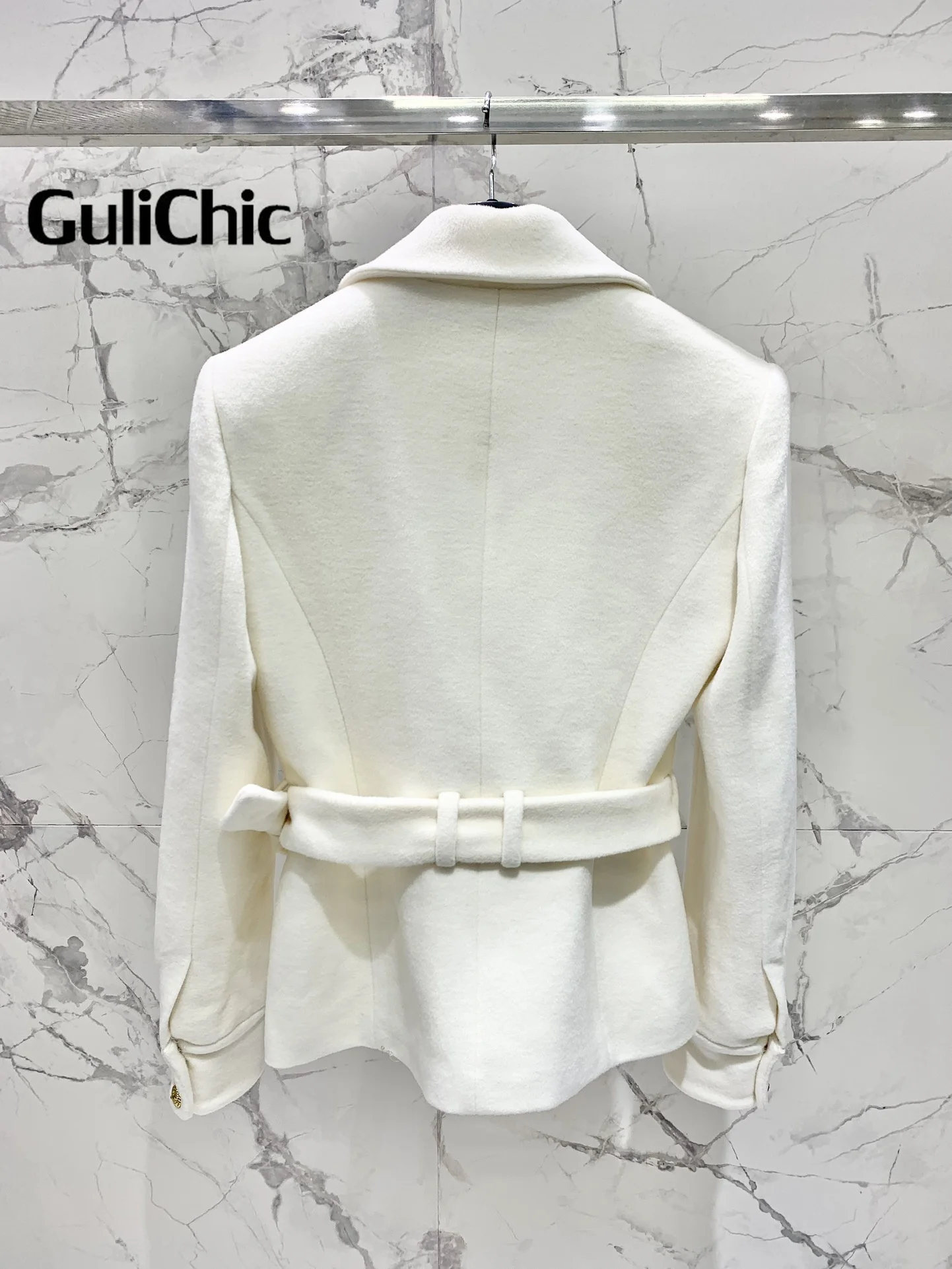 8.16 GuliChic Women Elegant Temperament Lapel Pocket Woolen Coat Fashion Single Button With Belt Collect Waist Slim Jacket