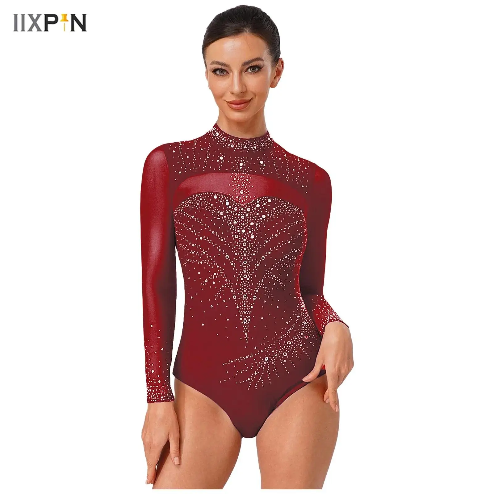 

Women Figure Skating Jumpsuit Turtleneck Long Sleeve See-through Mesh Rhinestones Leotards for Artistic Gymnastics Competition