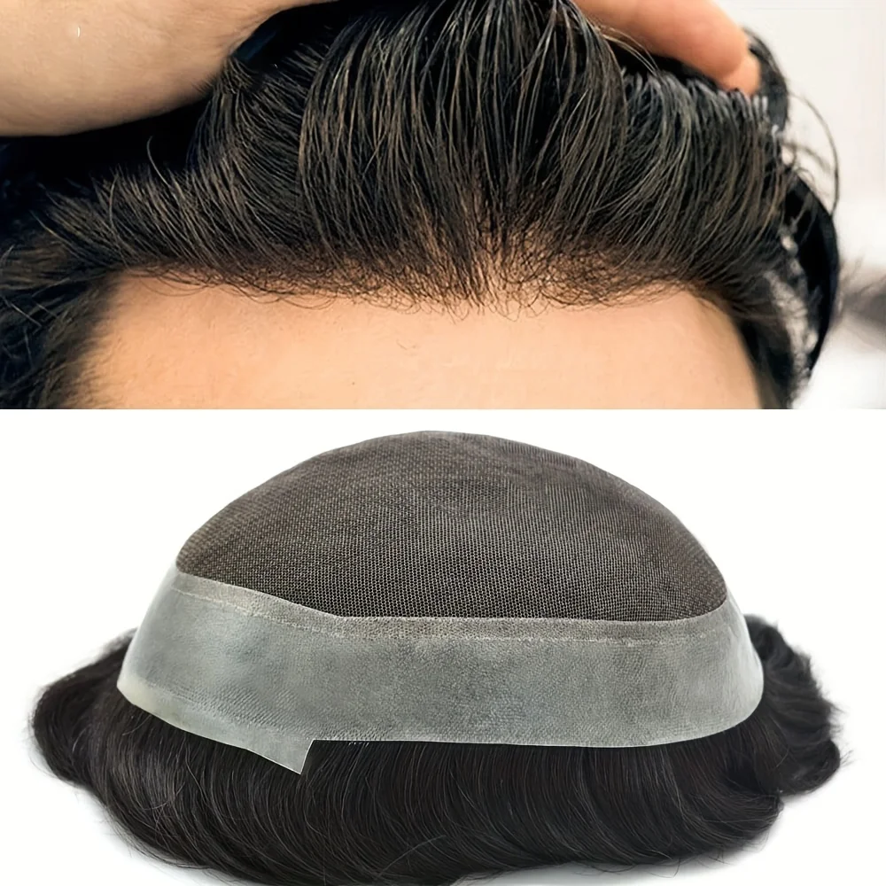 

Мужская система замещения волос из натуральных человеческих волос: парик-накладка на французской кружевной основе с прозрачным полимерным основанием, естественная невидимая линия роста волос, для мужчин с облысением