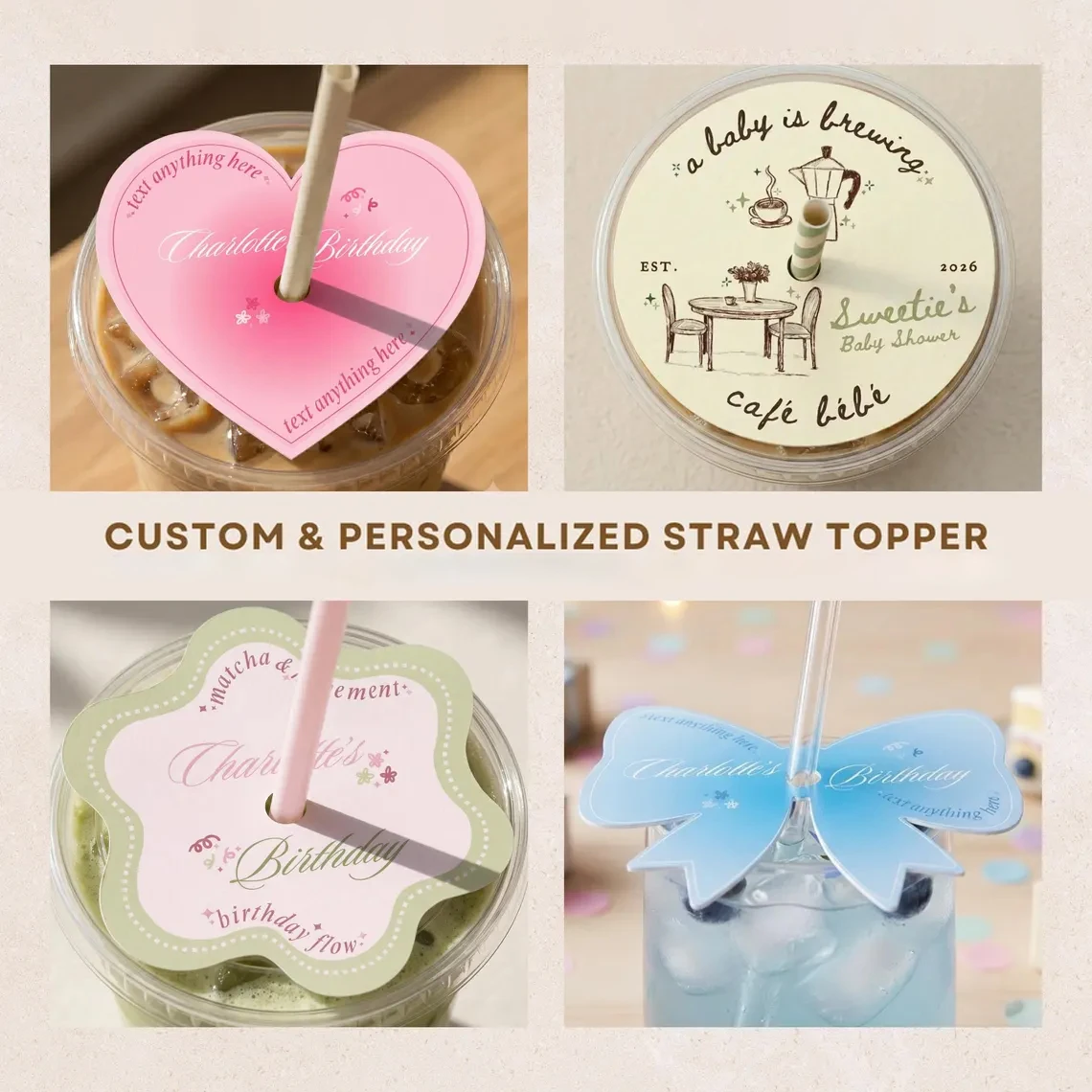 Custom Butterfly Cup Cards Coffee Cup Straw Topper Template Design Die Cut Butterfly Shaped Cards Personalized Party Decor Print