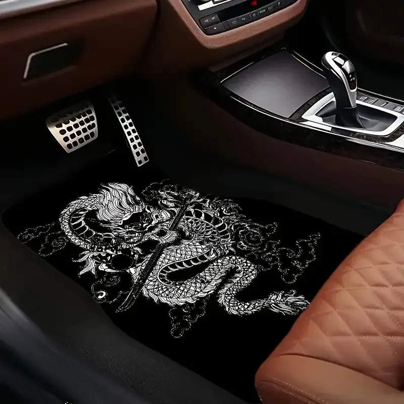 4Pcs Car Floor Mats - Black White Dragon Pattern - Unique Automotive Style