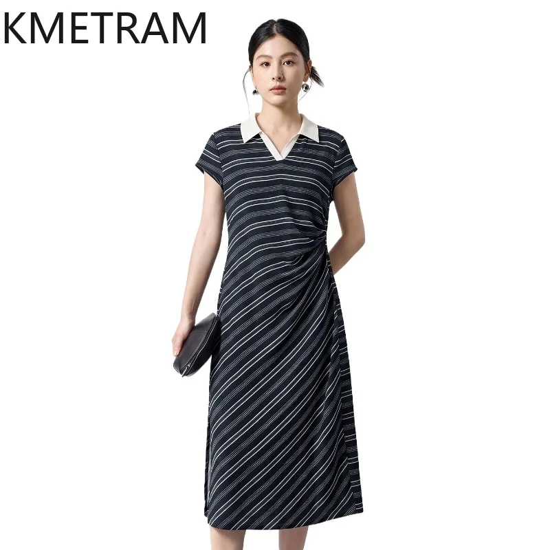 

KMETRAM 100% Real Mulberry Silk Women's Casual Dresses Striped Midi Dress Polo Collar Summer Dresses for Woman Clothing 2026 원피스