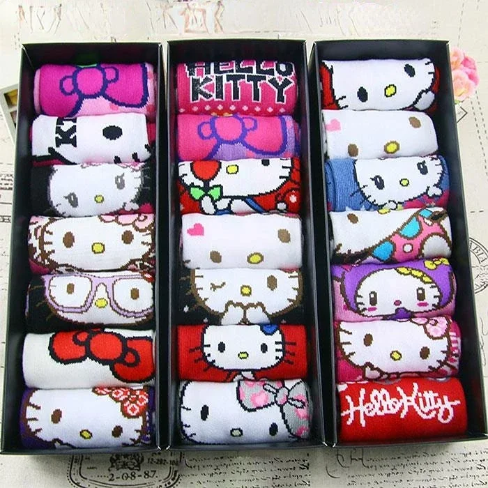 5 Pairs Socks Gifts Sanrio Hello Kitty Cute Cartoon Women's Stockings Cotton Stuffs Anime Hose Short Boxed Gift Set Ornaments