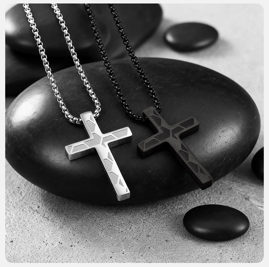 Vnox Kreuz-Anhänger-Halskette für Männer und Frauen, Edelstahl, schwarz-silberfarbene Kastenkette, trendiger christlicher religiöser Schmuck, Geschenk – Detail 5