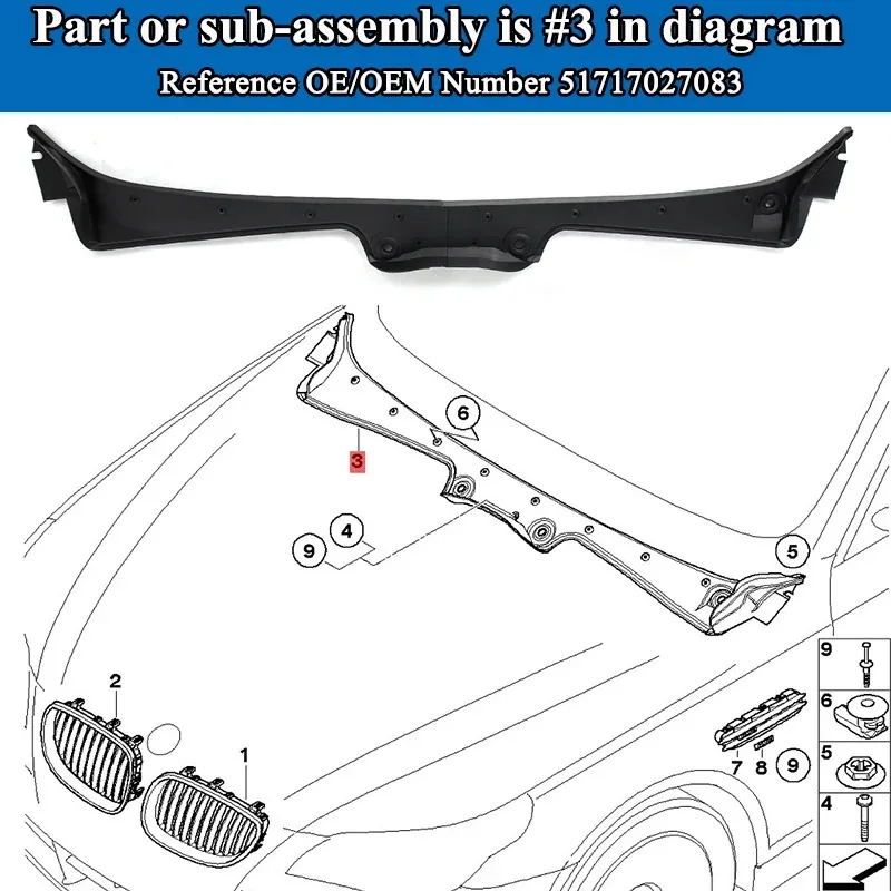 

Fit for BMW E60 E61 535i 528i 550i M5 2003-2010 Front Windshield Wiper Cowl Trim Panel Cover Black Replace for OEM：51717027083