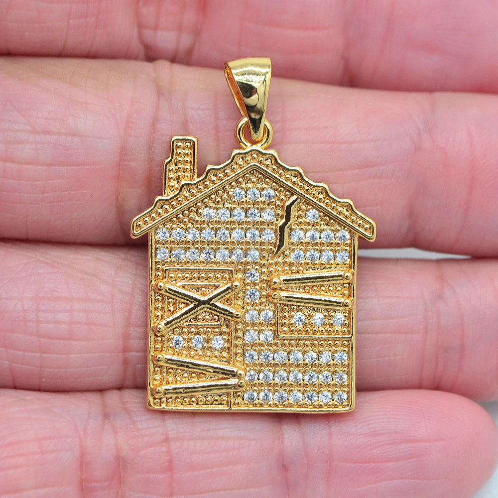 High Quality Gold Color Clear Cubic Zirconia Bling Hip Hop Trap House Charm Pendant  Jewelry