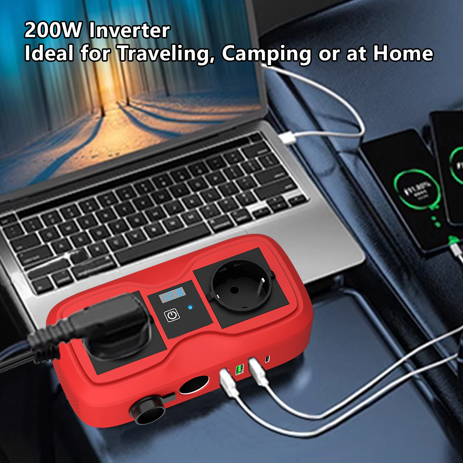 محول طاقة السيارة 200 وات تيار مستمر إلى تيار متردد 12 فولت-110 فولت مع QC3.0 نوع C مقبس الاتحاد الأوروبي مثبت تلقائيًا 400 وات طاقة الذروة لولاعة السجائر #4