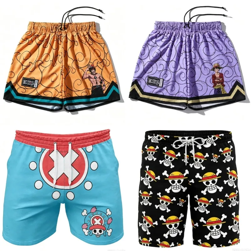 One Piece Men Boys Summer Board Beach Shorts Luffy Straw Hat Pirate Skull Print Swim Trunks Anime Casual Surfing Holiday Shorts