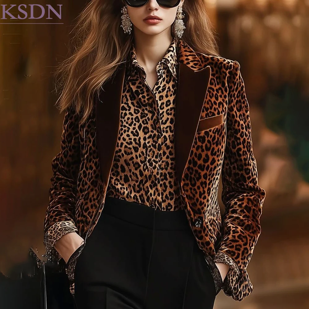 Modern Leopard Women's Suits Fashion Single Breasted Peak Lapel Blazer Slim Fit Customized 2 Piece Jacket Pants Outfits Terno