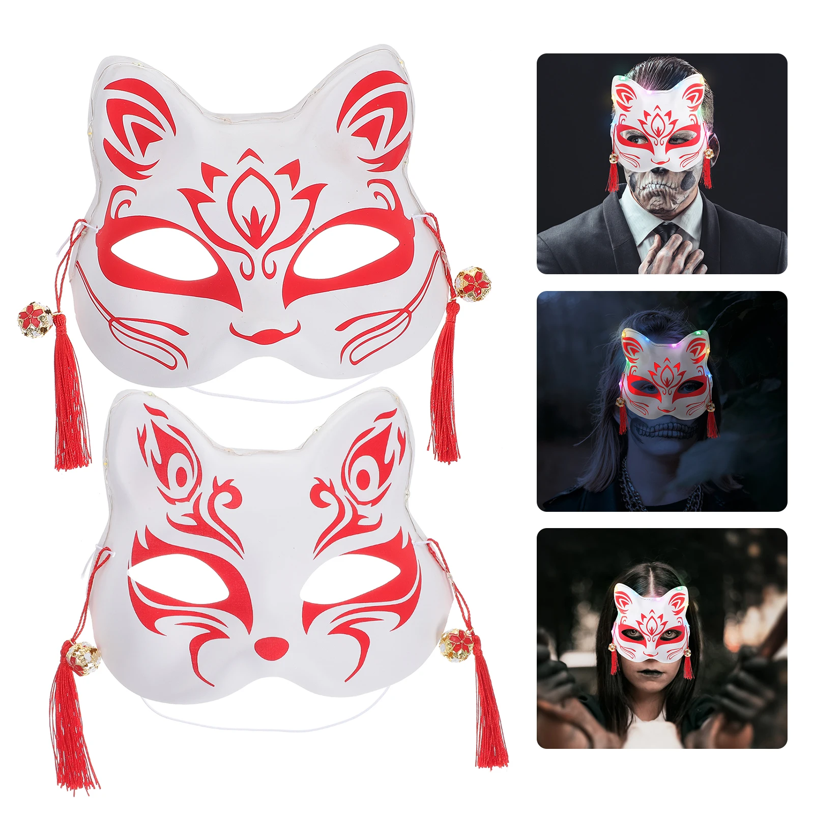 

2 Pcs Halloween Mask Glowing Fox Makeup Party Masks White Costume Cosplay Masquerade Women's