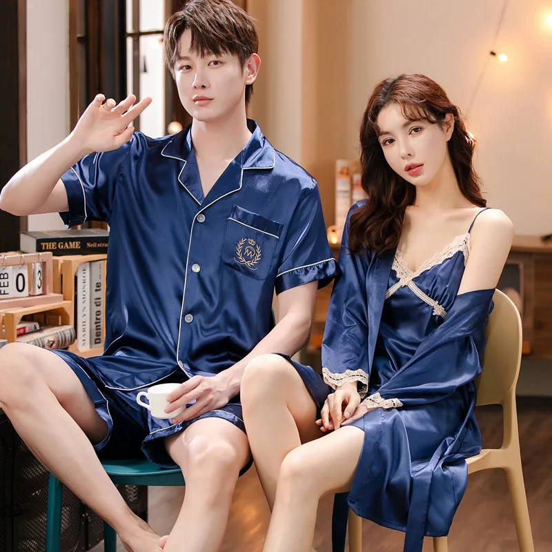 Solid Color Sleepwear Silk Satin Pajamas Couple Set Long Button-Down Pyjamas Suit Pijama Women Men Loungewear Plus Size Pj Set