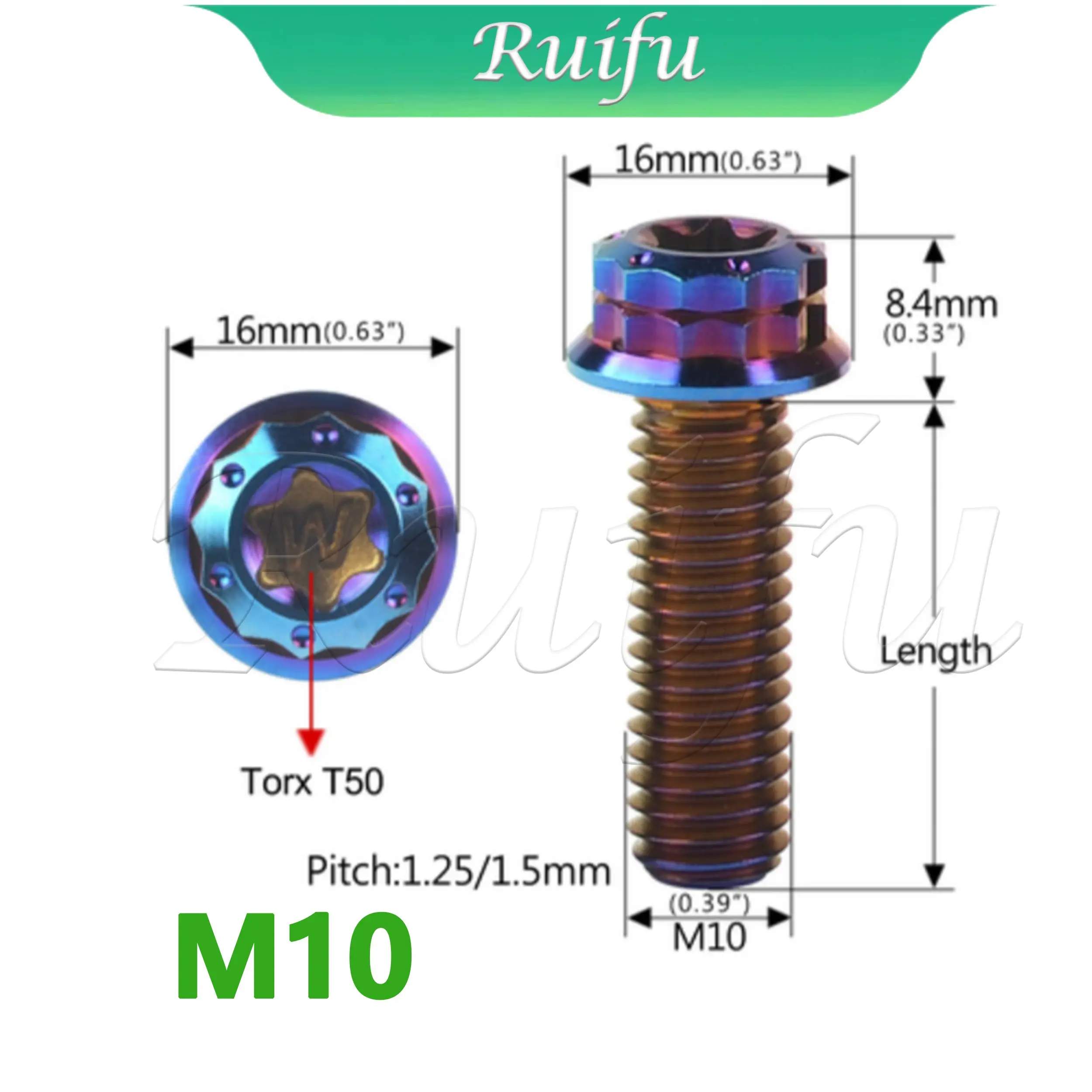 Ruifu  Titanium Bolt Ti Bolt M10x20~70mm Pitch1.25/1.5mm Flange 12 Points T50 Torx Head Screws for Motorcycle Calipers Refitted