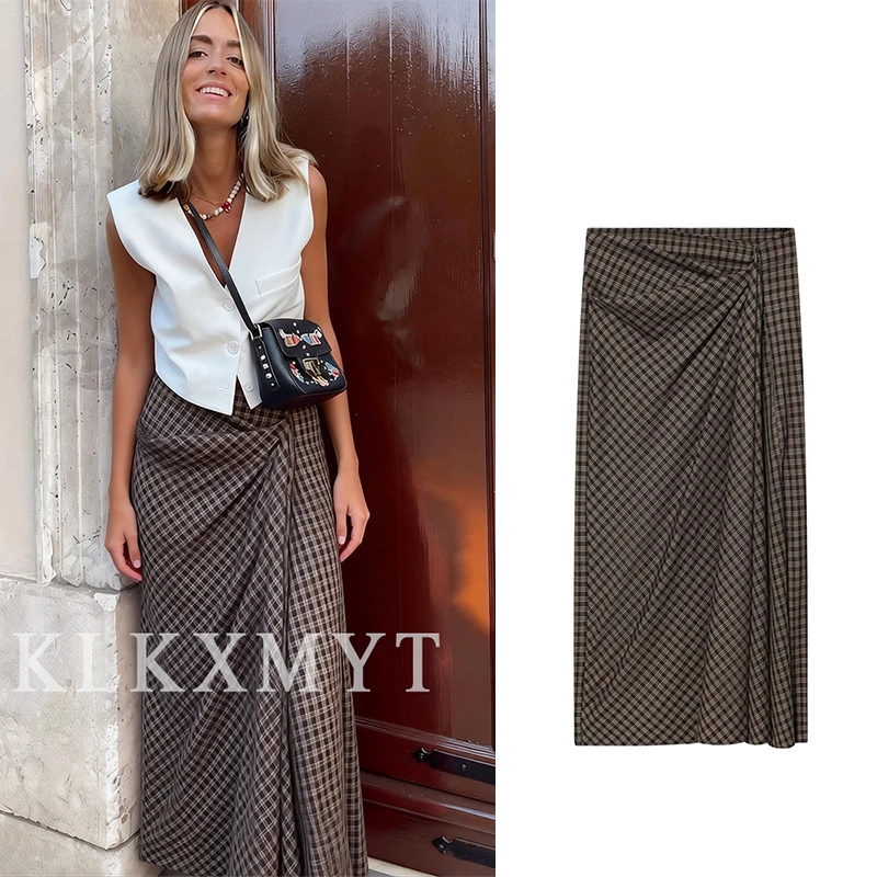 

Women Checkered Print Skirts 2025 Women Autumn Fashion Wrinkle High Waist Skirts Women Elegant Party Skirts