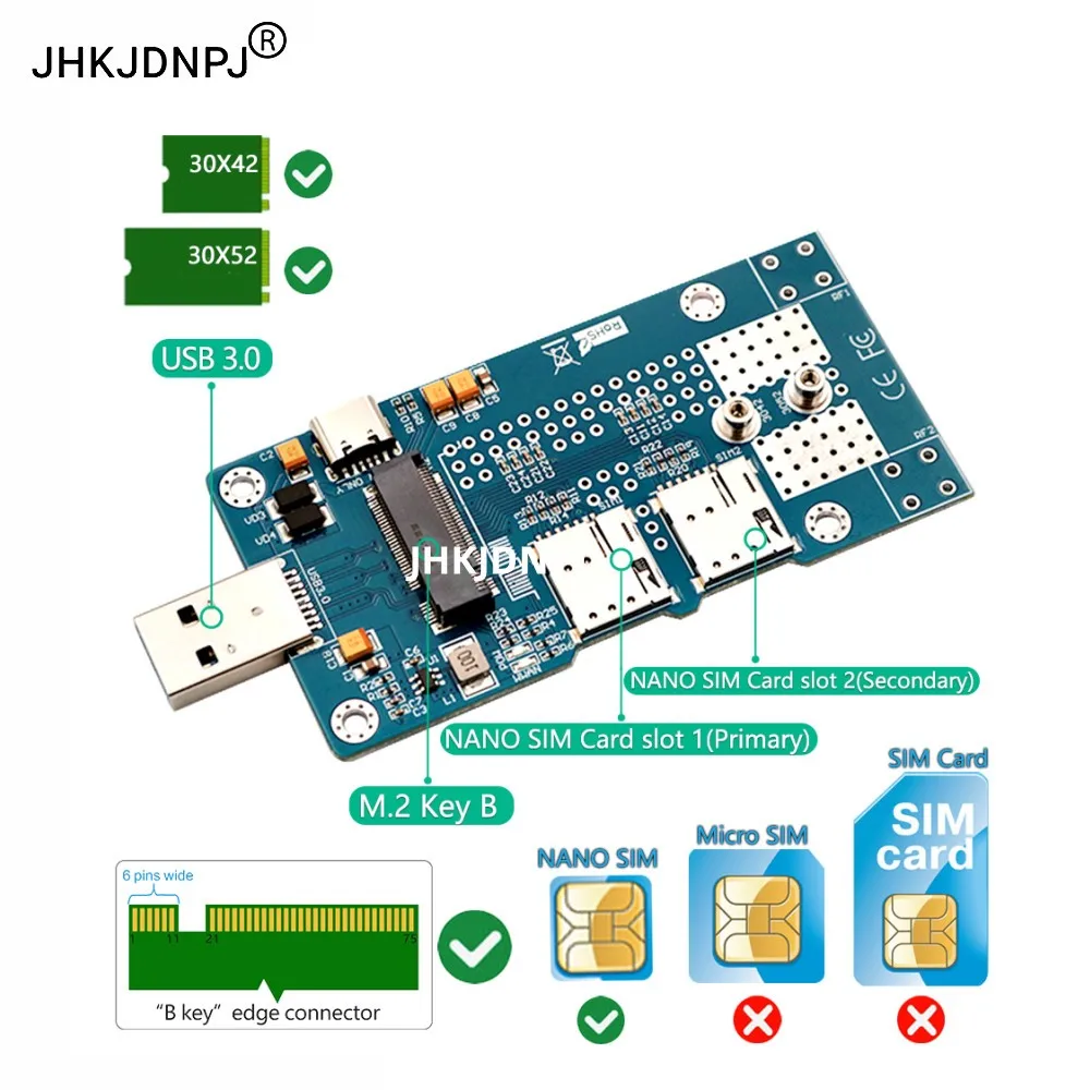 NGFF M.2 to USB3.0 Adapter with Auxiliary Power and Dual NANO SIM card Slot for 3G/4G/5G Module