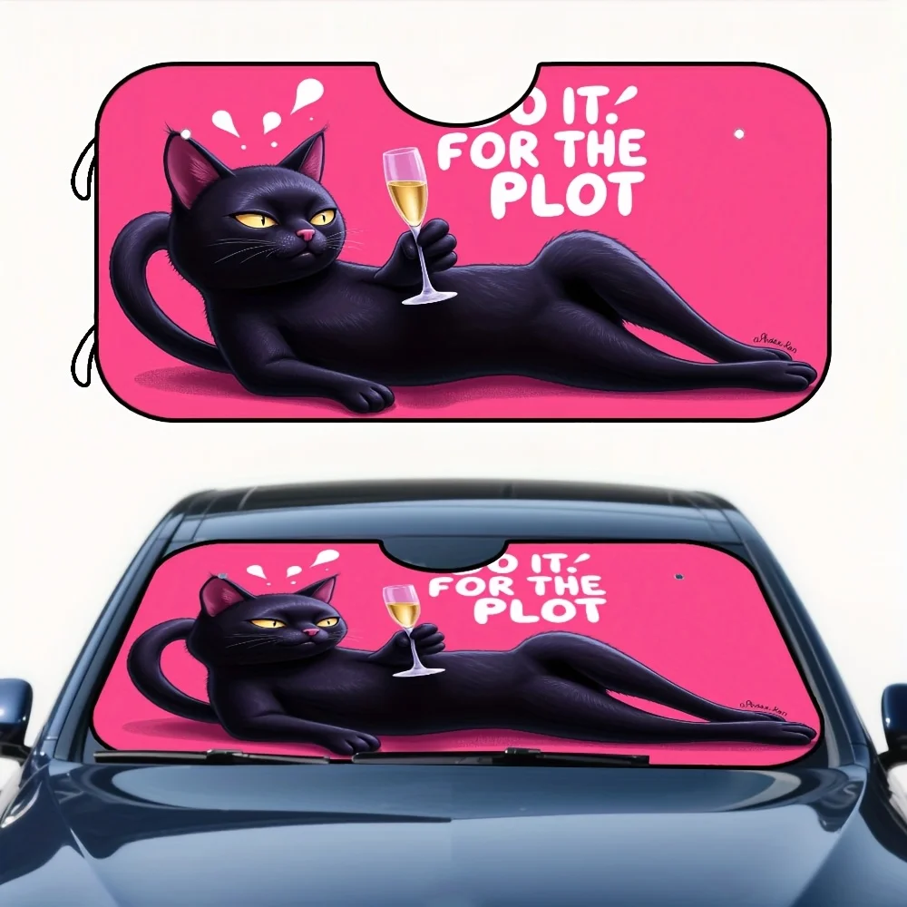

1pc, Black Cat And Champagne Design Car Windshield Sunshade, Foldable Visor With Unique Pattern, Keeps Your Car Cool And Stylish