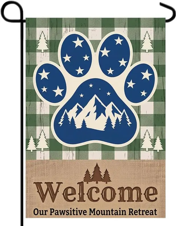 Dog Welcome Garden Flag Double Sided, Welcome Our Pawsitive Mountain Retreat Green Plaid Paw Print Outdoor Yard Flag Porch L kkz