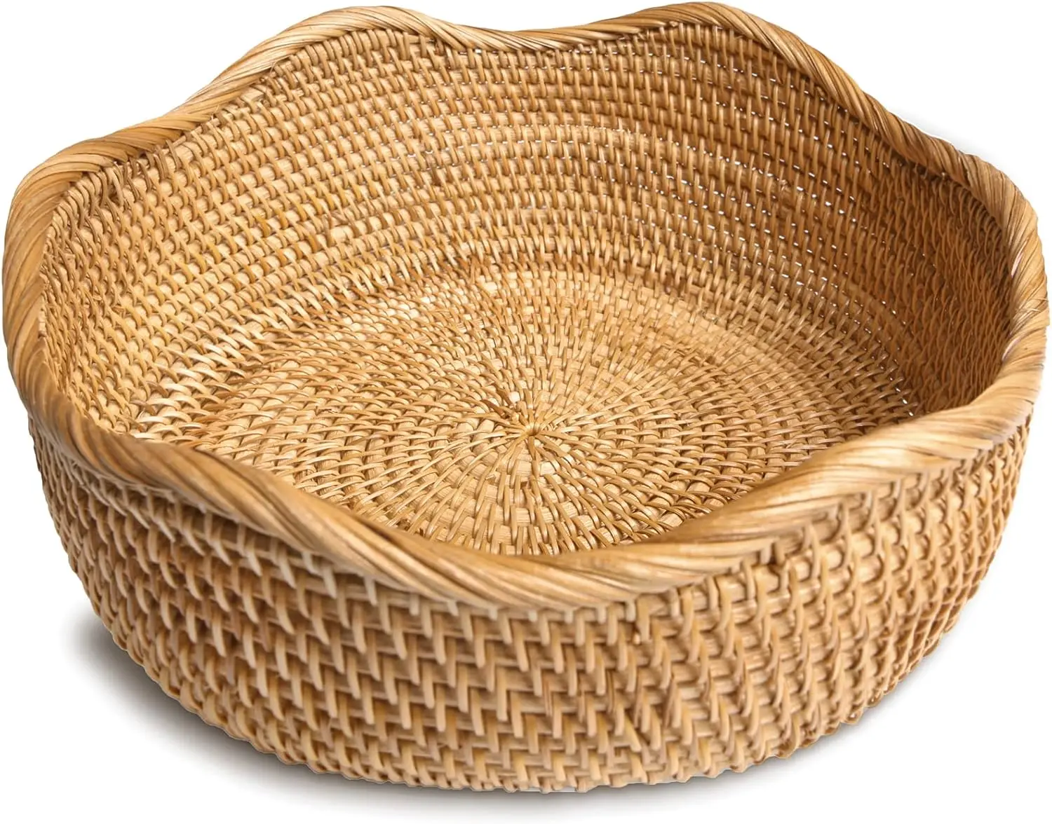 

Handmade Rattan Bread Basket Round Wicker Fruit Serving Storage Bowl Natural Woven Kitchen Organizer Honey Brown