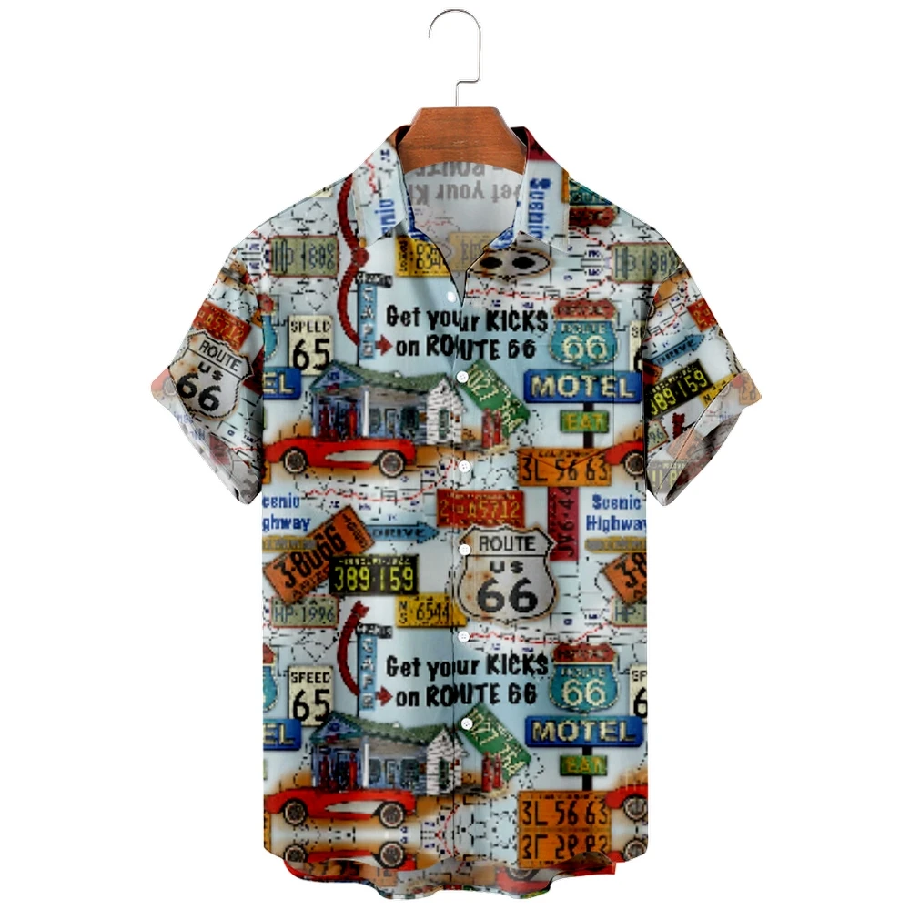 

3D Print Men's Fashion Hawaiian Style Vintage Road Signs Shirt Cozy Casual Short Sleeve Beach No Pockets Oversized Clothes