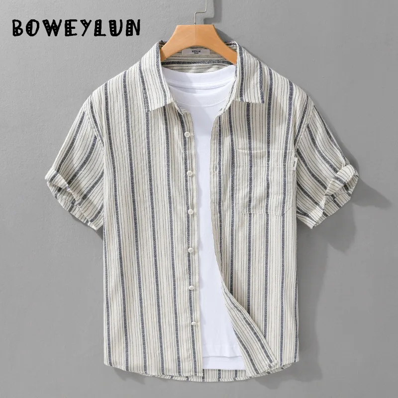 

BOWEYLUN Men's Summer Striped Short-Sleeved Shirt Comfortable and Skin-friendly Cotton Casual Loose-Fitting Youth Shirt
