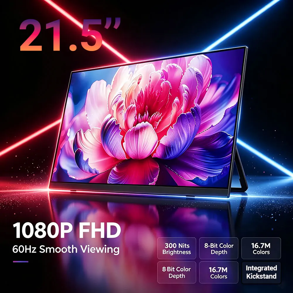 VCHANCE 21,5'' Tragbarer LCD-Monitor 1920x1080p Integrierte Hintergrundbeleuchtung 300nits Full-HD-Display für PC Laptop Switch PS4/5 Xbox