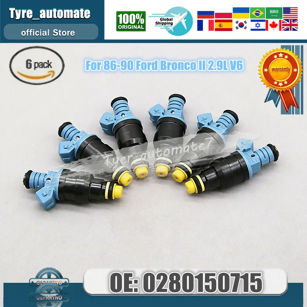 Set of (6) Fuel Injectors For 1986-1990 Ford Bronco II 2.9L V6  0280150715