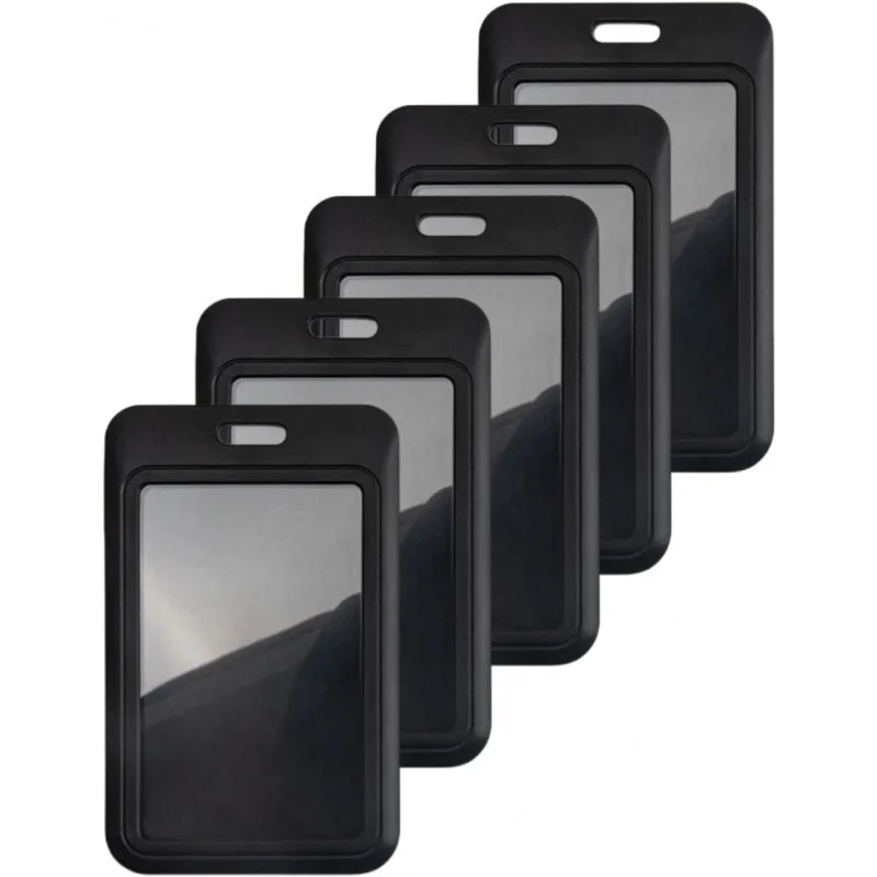 5 Pack Sliding ID Badge Holder Hard Black Vertical Plastic Card Case Protector Pouch with Clear Window