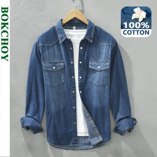 Wiosenne nowe koszule dżinsowe w stylu retro męskie Casual 100% bawełna gradientowa odzież męska C8807