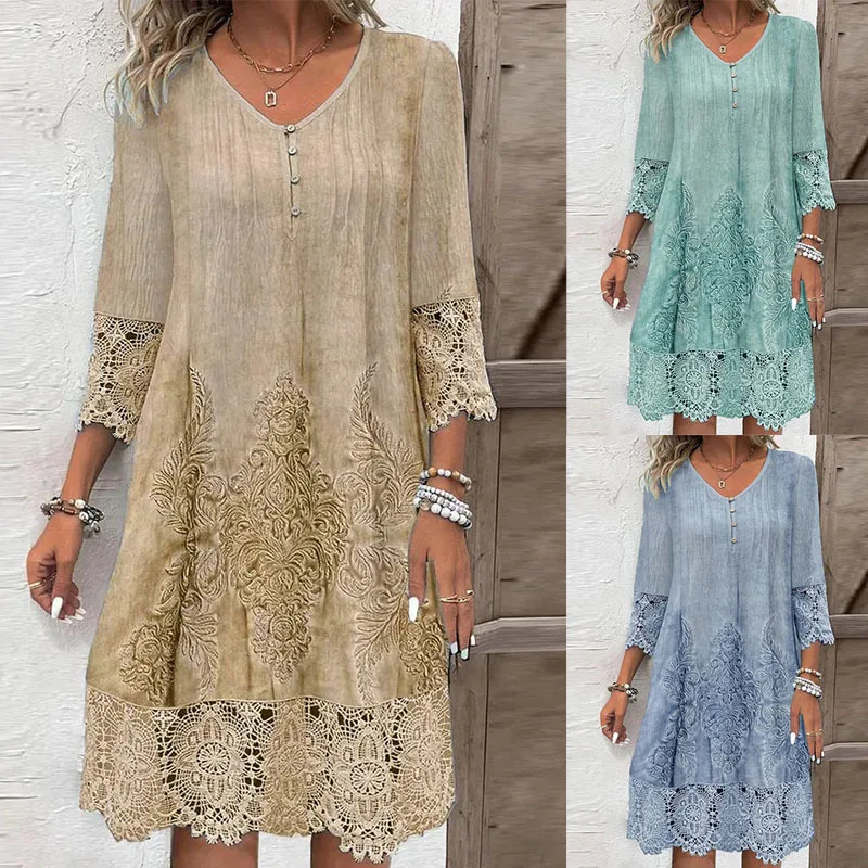Women's Dress Lace Spliced 7-point Sleeve V-neck Elegant Spring and Summer New Simple Midi Skirt for Female