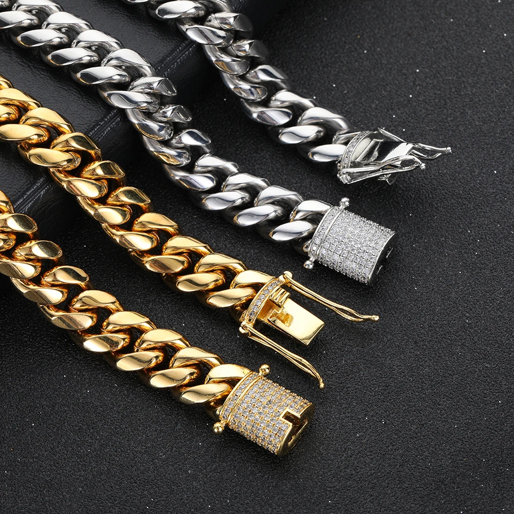 

Stainless Steel Miami Cuban Link Bracelet 8mm-16mm Gold Plated with Iced CZ Clasp Premium Hip Hop Jewelry For Men Women Gift