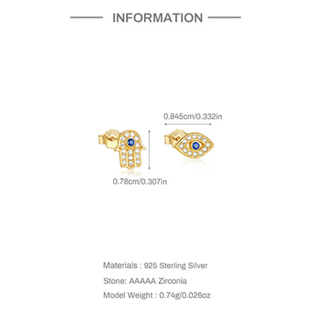 925 Sterling Silver Blue Zircon Evil Eye Stud Earrings for Women Hamsa Fatima\'s Hand Turkish Eye Earrings Piercing Jewelry