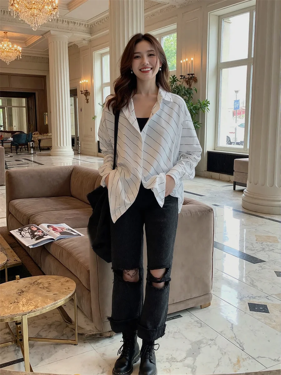 

Рваные джинсы-багги с дырками для женщин, джинсовые брюки, женская одежда, весенние, с V-образным поясом, прямой крой, в стиле фейрикор, для танцев, клуба, уличного стиля, универсальные