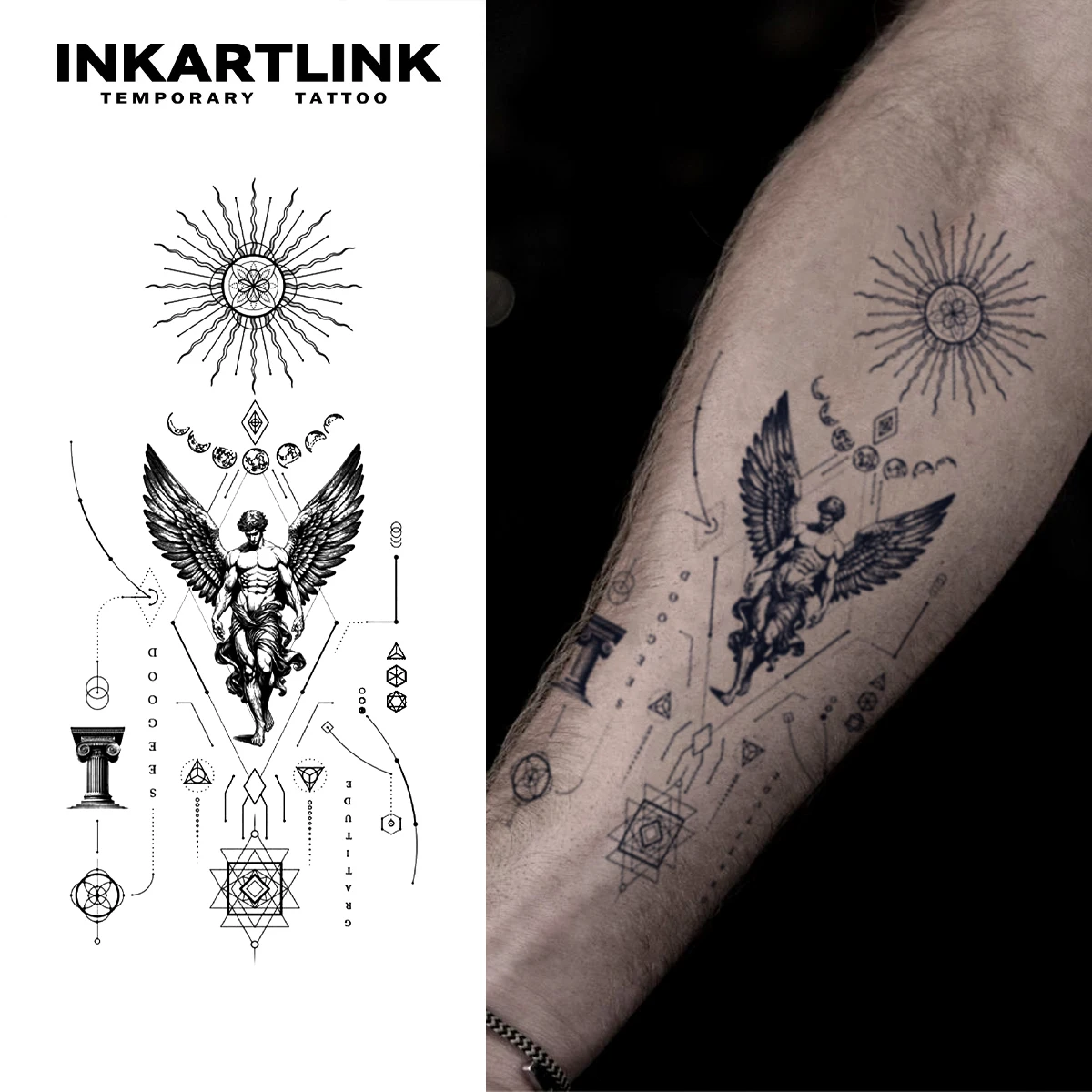 

INKARTLINK крыло Бога Солнца геометрический секретный символ временная татуировка наклейка | Водонепроницаемость на 1-2 недели |