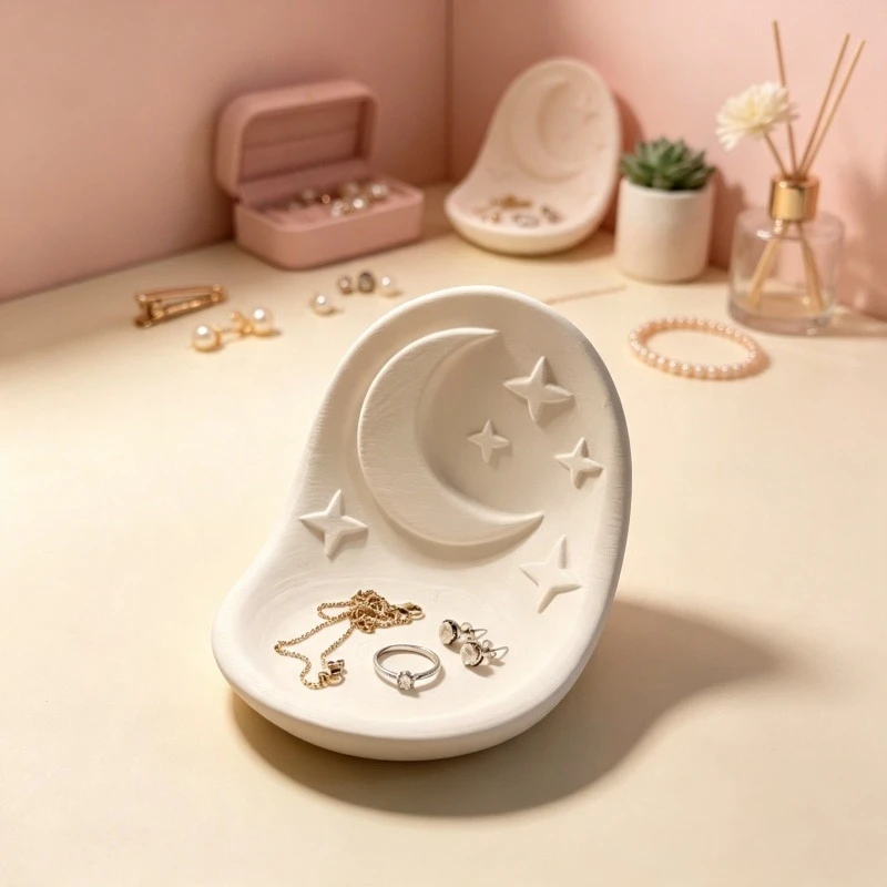 Minimalist Style Moon and Star Relief Jewelry Tray 3D Printed Plastic Storage Dish Makeup Table Ring Earring Desktop Decoration
