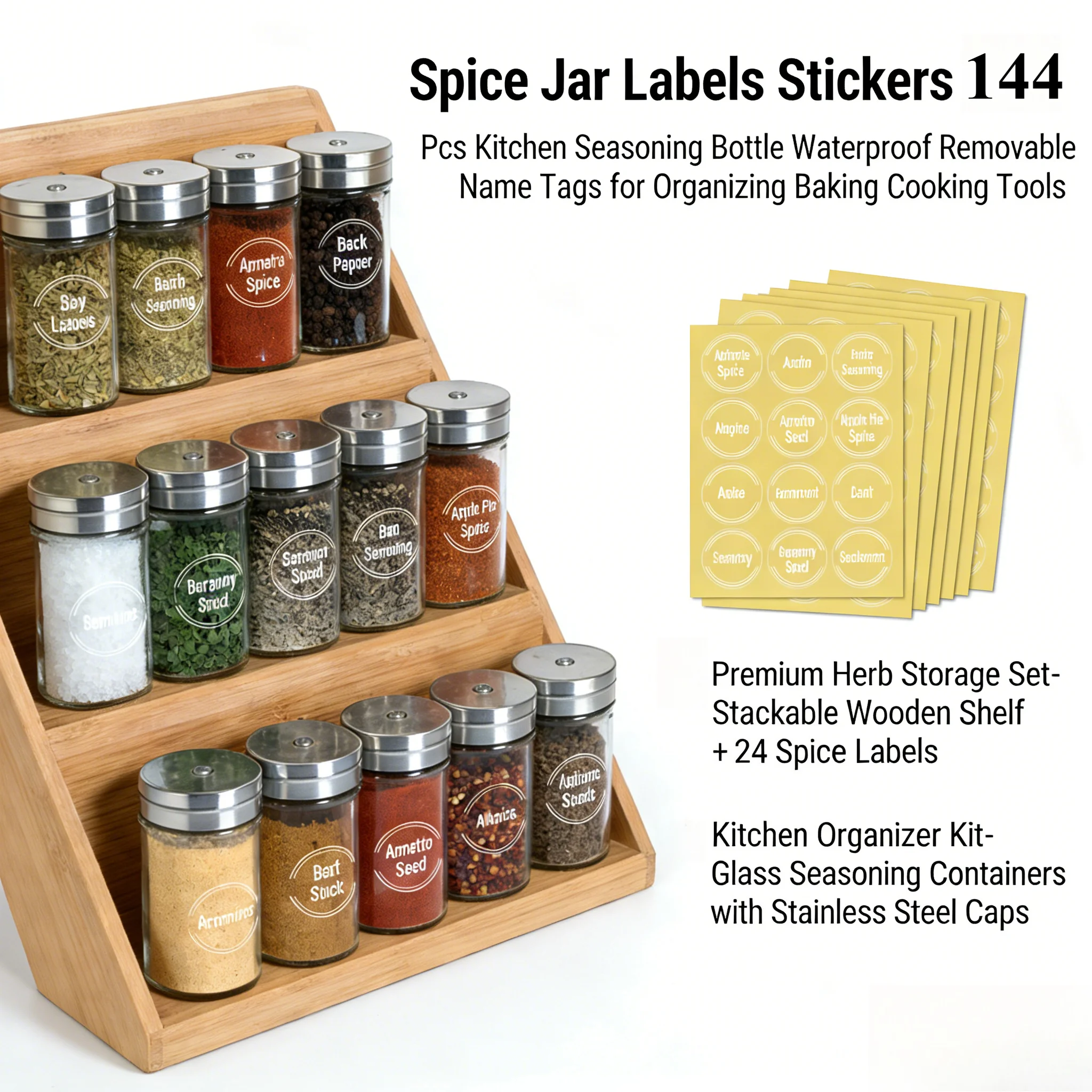 

144pcs Spice Jar Labels Stickers Kitchen Seasoning Bottle Waterproof Removable Name Tags for Organizing Baking Cooking Tools