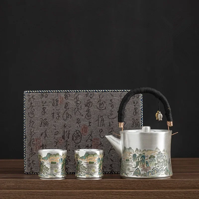 Z30- Liu Yin one pot two cups porcelain wrapped silver kung fu tea set teapot Kuaike teacup master cup beam pot gift box