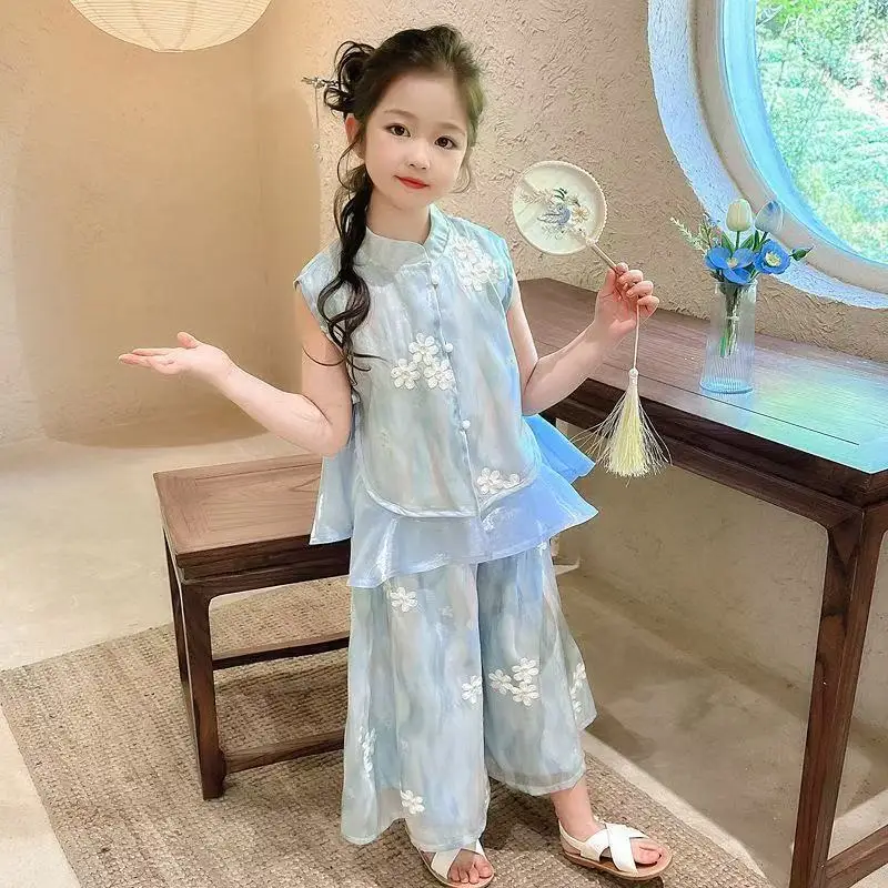 

Girls' Set Summer New Chinese Style Embroidered T-shirt+Pants Two-piece HanFu Sleeveless Top