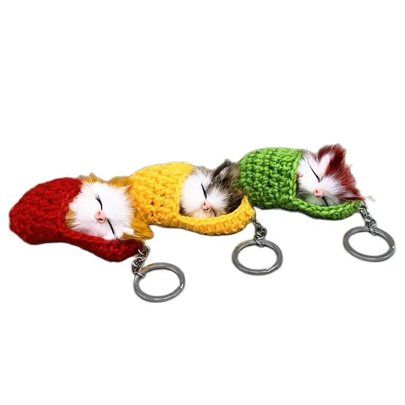 Fashion Cute Faux Rabbit Fur Woven Sleep Cat Keychain Wedding Gift Women Bag Key Chain Ring Men Car Keyring Girl Party Trinket