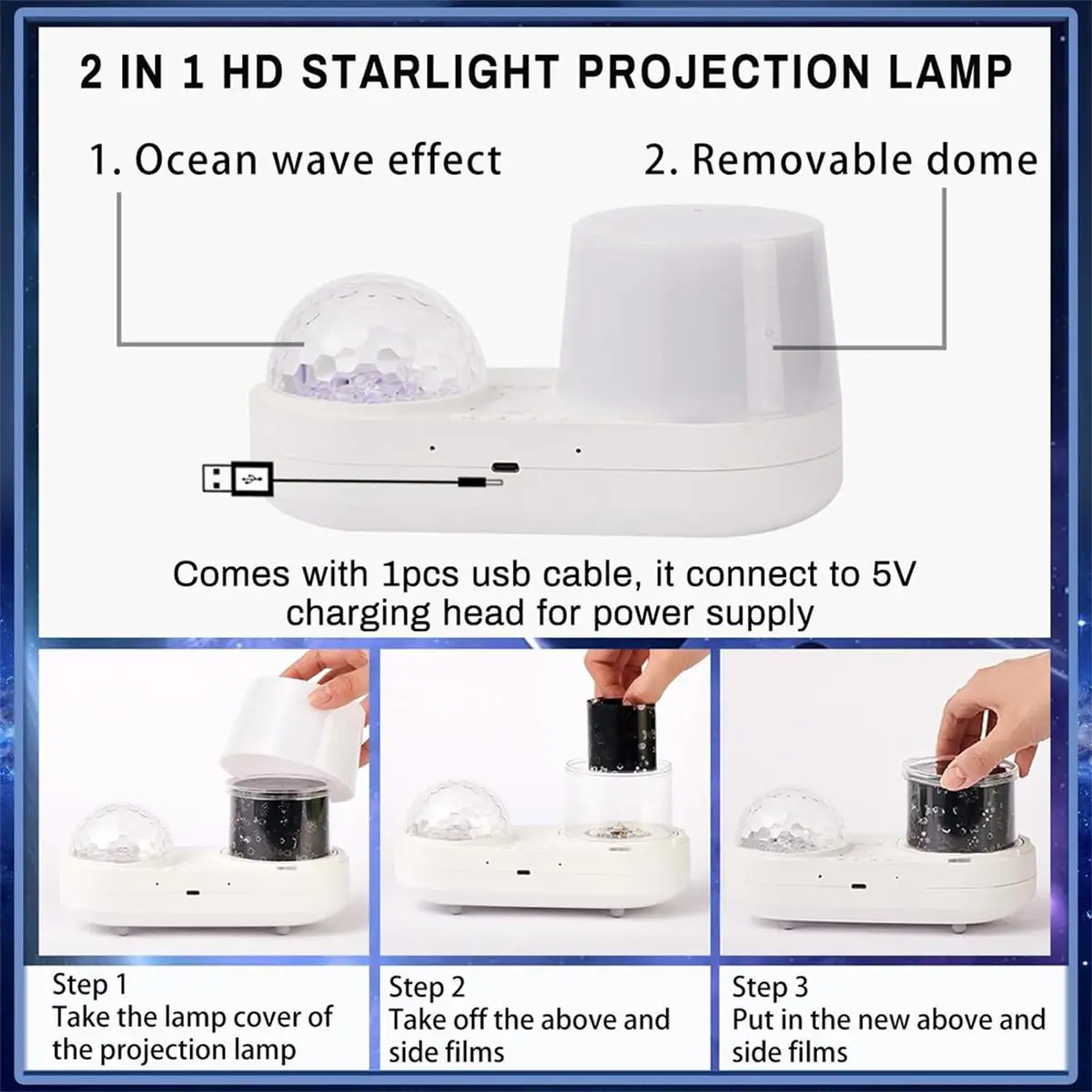 Projecteur de lumière de méduse de vague d'océan USB Nuit étoilée pour lampe de projection pour enfants 360 degrés rotatif 360 degrés
