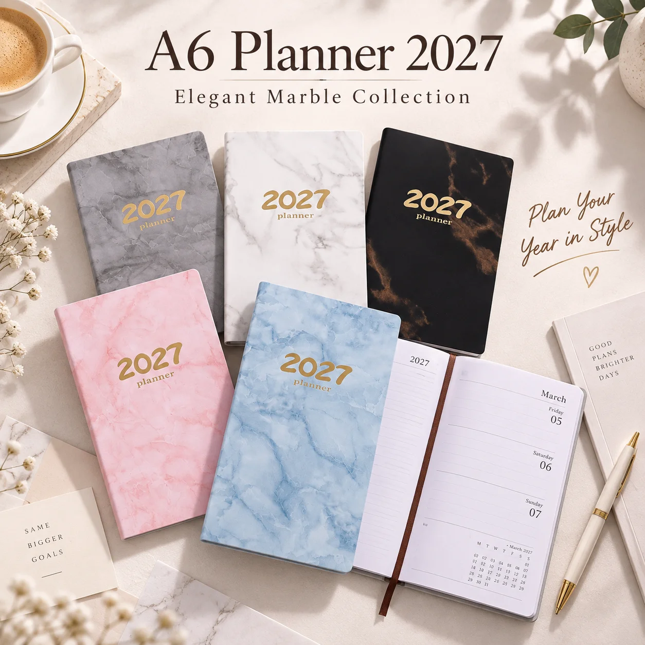 2027 A6 Weekly Planner, Marble Pu Soft Cover Notebook, Portable Schedule Journal With Ribbon Bookmark For Office & Study