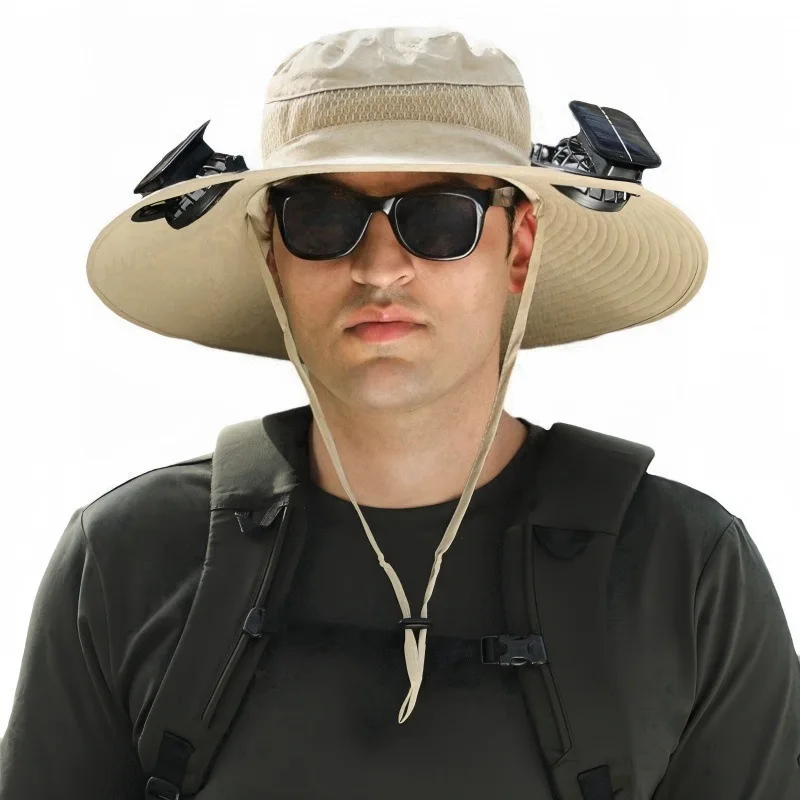 

Cross-border solar fan long battery life lithium battery men's outdoor with fan fishing hat sun protection bucket hat