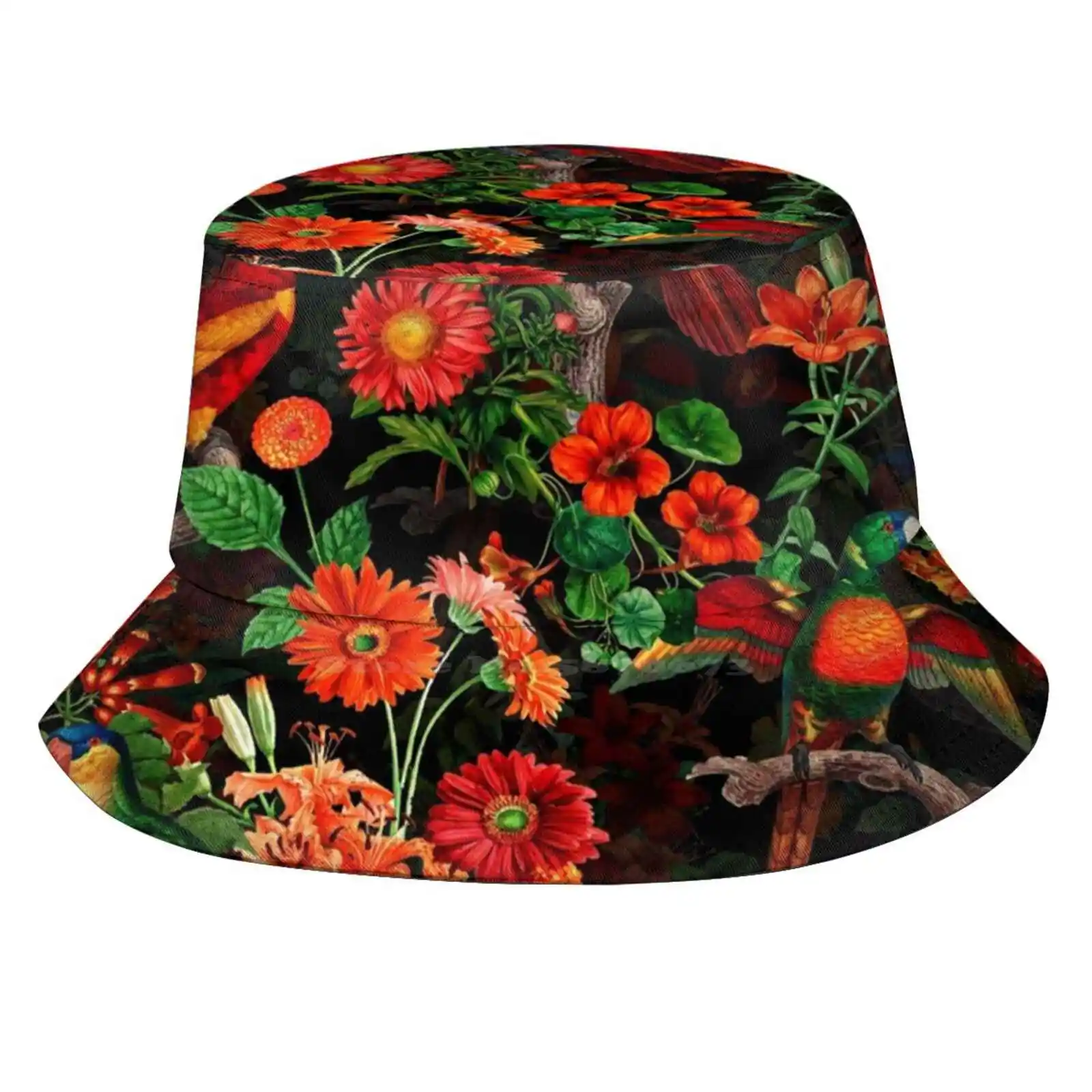 Pierre Joseph Redoute Tropical Vintage Flowers And Parrots Nostalgic Botanical Night Garden Mystic Pattern Sun Cap Fisherman