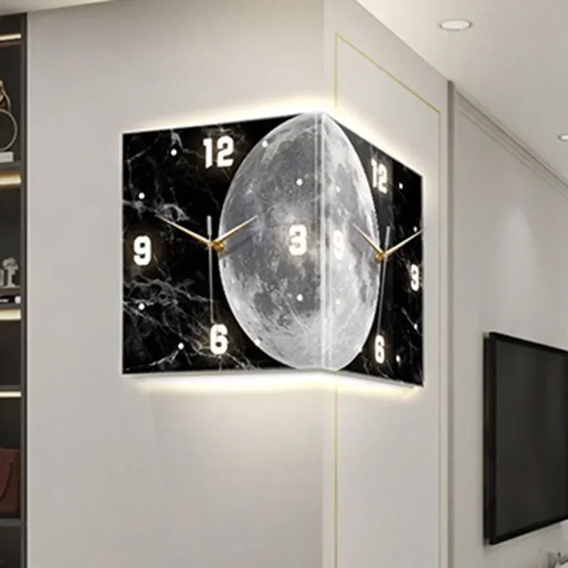 NONE Kreative Eckwanduhr Wohnzimmer Große LED-Uhren Leuchtende Wandkunst Doppelseitige Stille Uhren Dekoration für Schlafzimmer 4
